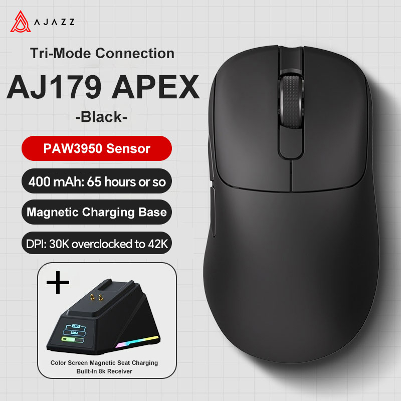 Ajazz AJ179 Apex PAW3950 Bezprzewodowa mysz do gier z stacją ładującą RGB, mysz komputerowa Macro Gamer, lekkie, ergonomiczne myszy komputerowe