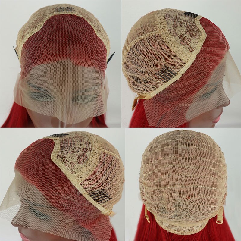 Bombshell fogo vermelho onda solta reta peruca dianteira do laço sintético glueless fibra resistente ao calor cabelo médio de separação para perucas femininas