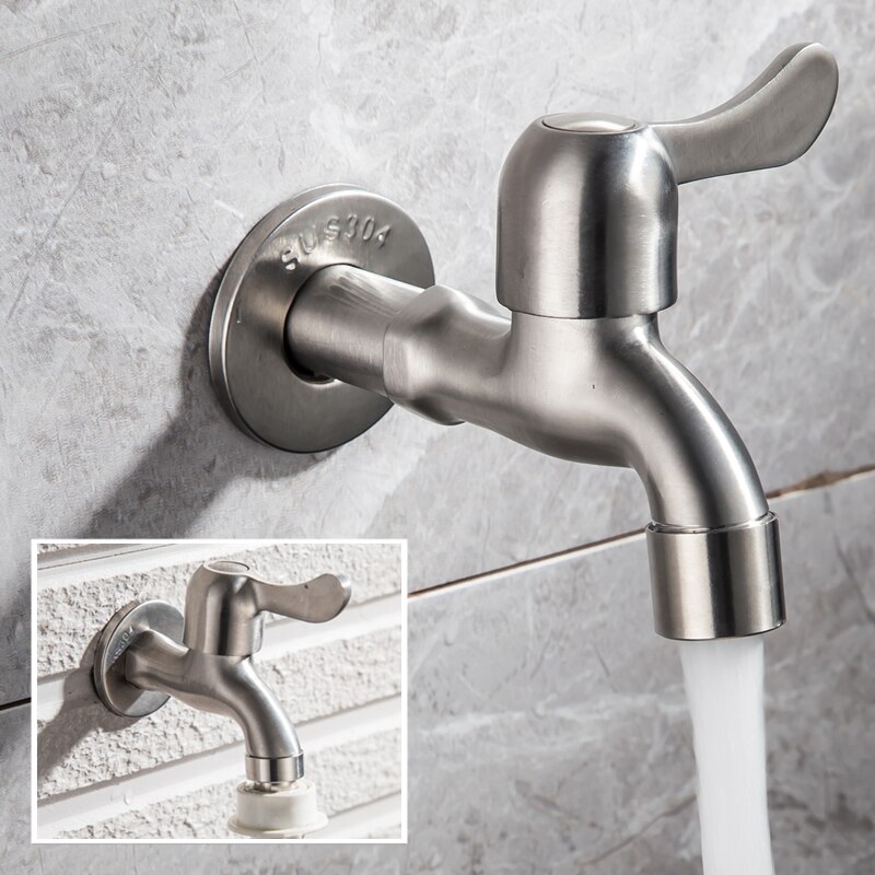 Wall Mounted Single Cold Water Faucet Washing Machine Sink Mop Pool Outdoor Garden Faucet 304 Stainless Steel Bathroom Tap