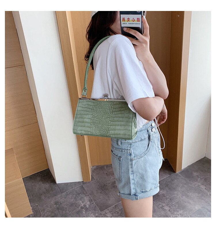 Kvindelige crossbody tasker til kvinder ensfarvet krokodillemønster håndtasker pu læder retro dame skuldertasker: Grøn