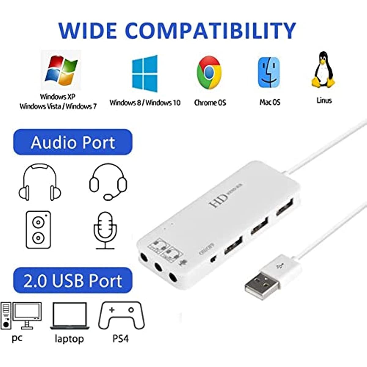 USB 2.0 Hub Audio Adapter External Stereo Sound Card With 3.5mm Jack Headphone Microphone For Windows Linux Laptop Desktop PC