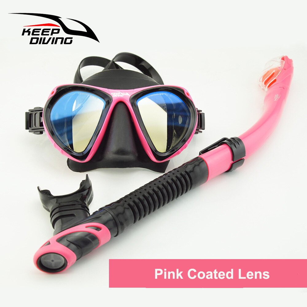 Ensemble de masque complet et pliable, Tube respirant, léger pour plongée sous-marine, apnée, lunettes de natation revêtues: Pink Coated lens