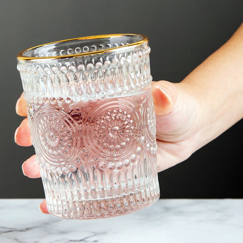 Sense of Weight 250-380ml Vintage Embossed Wine Cup Ins Whiskey Vodka Sun Flower Stemless Golden Mouth Ice Coffee Bar Drinkware: 260ml Gilt mouth