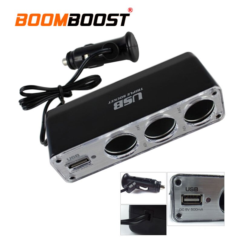 Car Cigarette Lighter 3 Way Auto Socket Splitter 12V Triple socket with one USB Charger Power Adapter Plug DC 12V