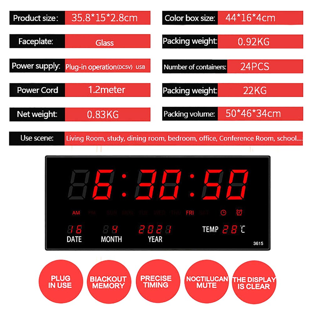 Large Electronic Wall Clock Light Sensing Temperature Date Power Off Memory Table Clock Wall-Mounted Calendar Digital LED Clocks