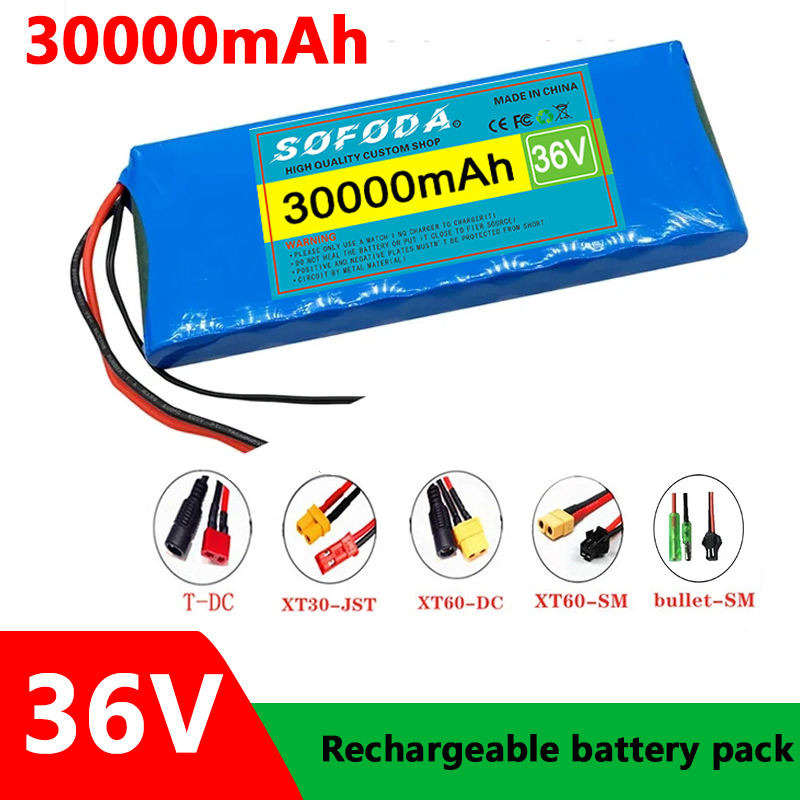 36V 10S1P 30000mAh Battery Pack 20Ah 18650 Lithium Li-ion Rechargeable Batteries 30Ah BMS 500W