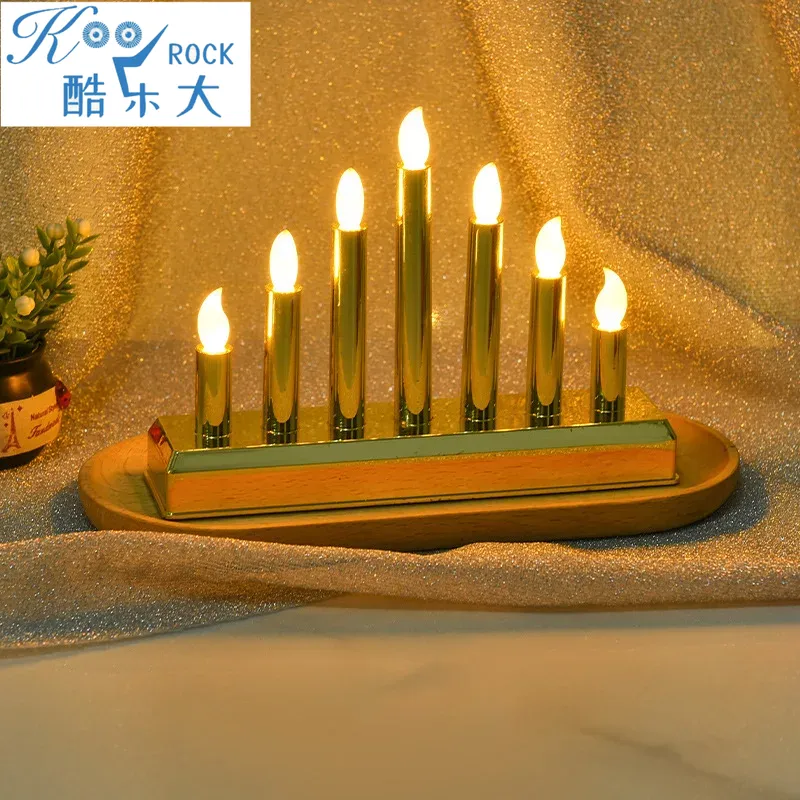 Electric wood Menorah, LED Candlestick 7 branchs, Jewish Sabbath Hanukkah Table Decoration