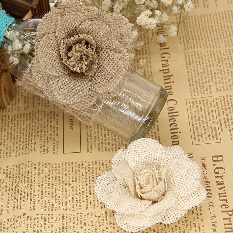 2/3/5pcs 9cm Fait Main Jute toile De Jute Toile De Jute Rose Fleurs Vintage Décoration De Mariage Rustique Jute Décorations De Noël pour la maison