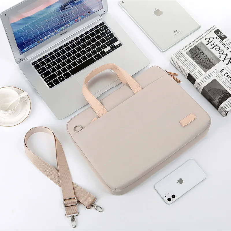 Lätt laptopväska bärbar kvinnors affärsväska axelväska 14/15 tums handväska vattentäta förvaringsväskor portföljer: 12 " / Beige