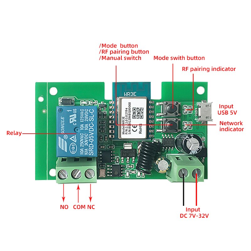 AllbeAi Tuya Smart Life,DC5V 12V 24V 32V Wifi Smart Switch,Intelligent Home Module, inching mode,RF433 Wireless Remote Control