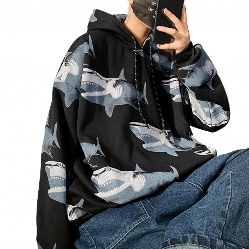 Men Autumn Sharks Print Long Sleeve Drawstring Hoodie Plush Thick Sweatshirt: black / M