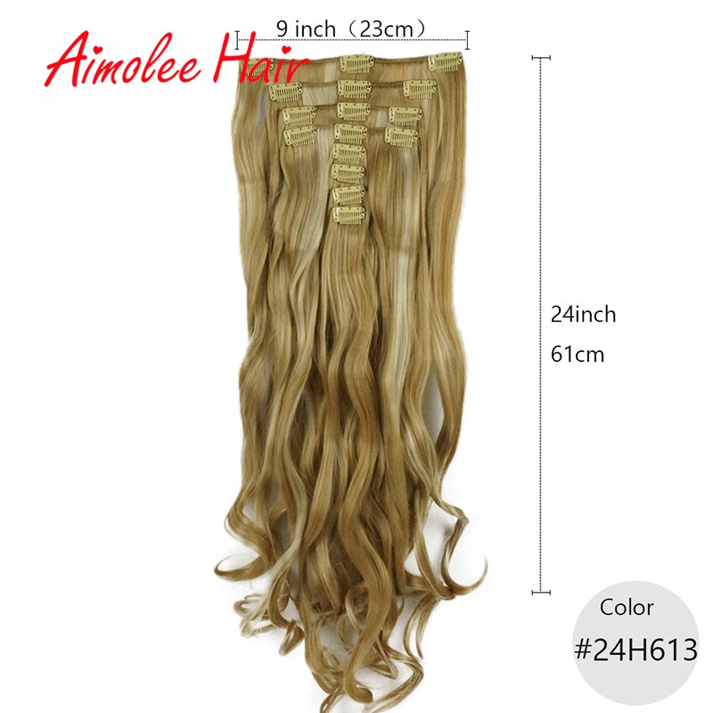 24 pulgadas 8 unids/set Natural largo ondulado rubia rojo destacar sintético postizo de Clip en extensiones de cabello 16 Clip de alta temperatura: 24H613