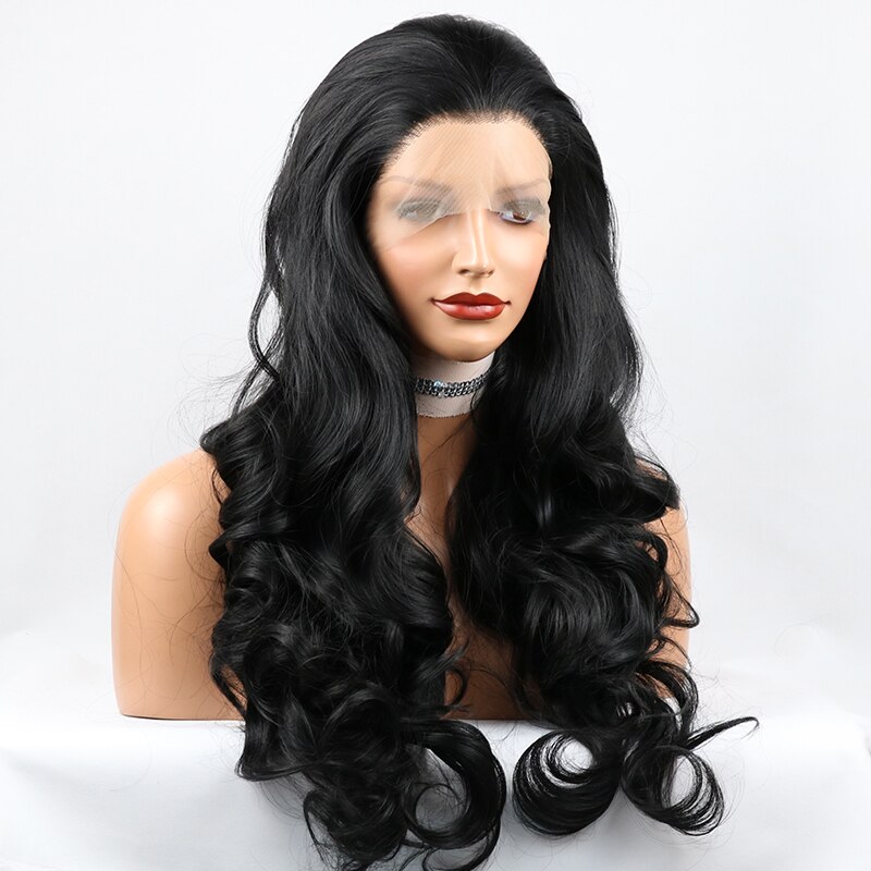 Synthetic Lace Front Wigs 1B Color Long Body Wavy Futura Hair With Natural Hairline for Black Women Daily Wear
