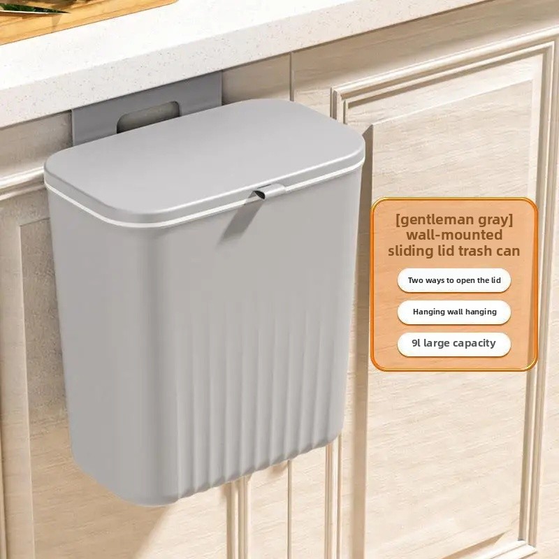 Wall-Mounted Home Use Trash Can Sliding Cover Kitchen Living Room Storage Plastic Waste Bin Attractive Appearance Bathroom: WHITE