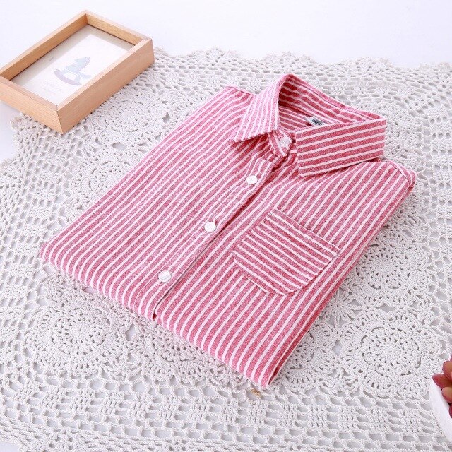 automne femmes hauts et chemisiers à manches longues rayé Blouse chemise femmes chemises décontractées femme collège Style: Rouge / L