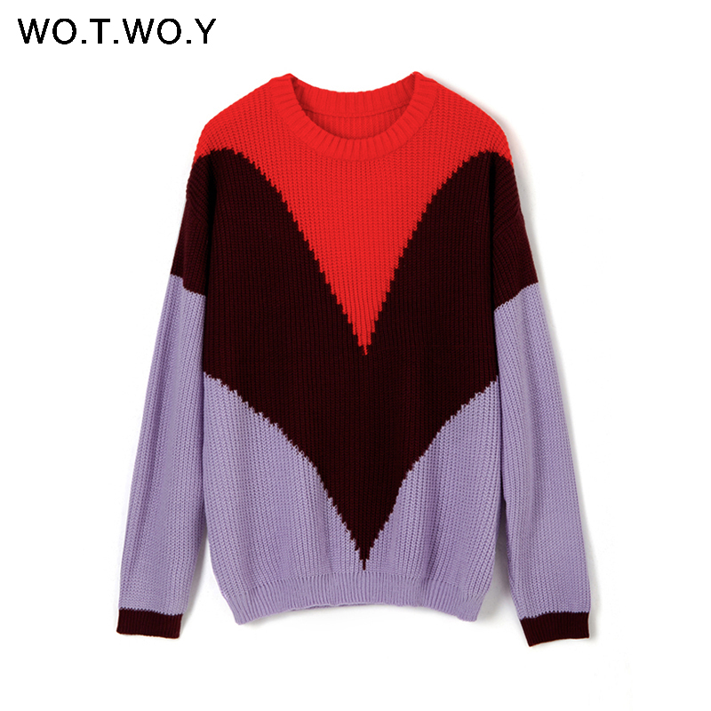 Wotwoy höst vinter kontrast färg dam tröja ledig långärmad pullover dam o-ringad stickade toppar dam jumper femme soft