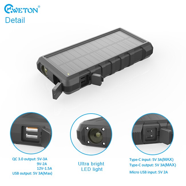 24000 mah zonne-energie powerbank, waterdichte zonnelader, usb-poorten, externe oplader, powerbank voor iphone, xiaomi, led-licht powerbank