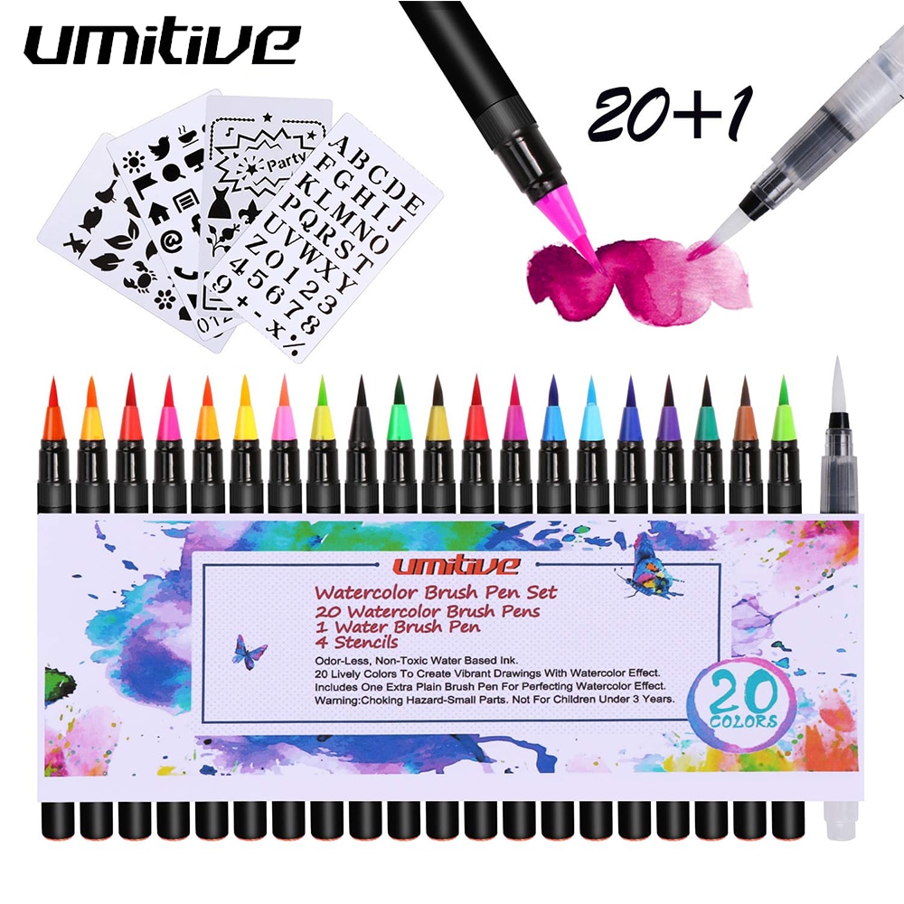 Umitive 20 Kleuren Aquarel Brush Pen Set met 1 Navulbare Mengen Water Borstel Pen Zachte Flexibele Tip voor Volwassen Kleuring