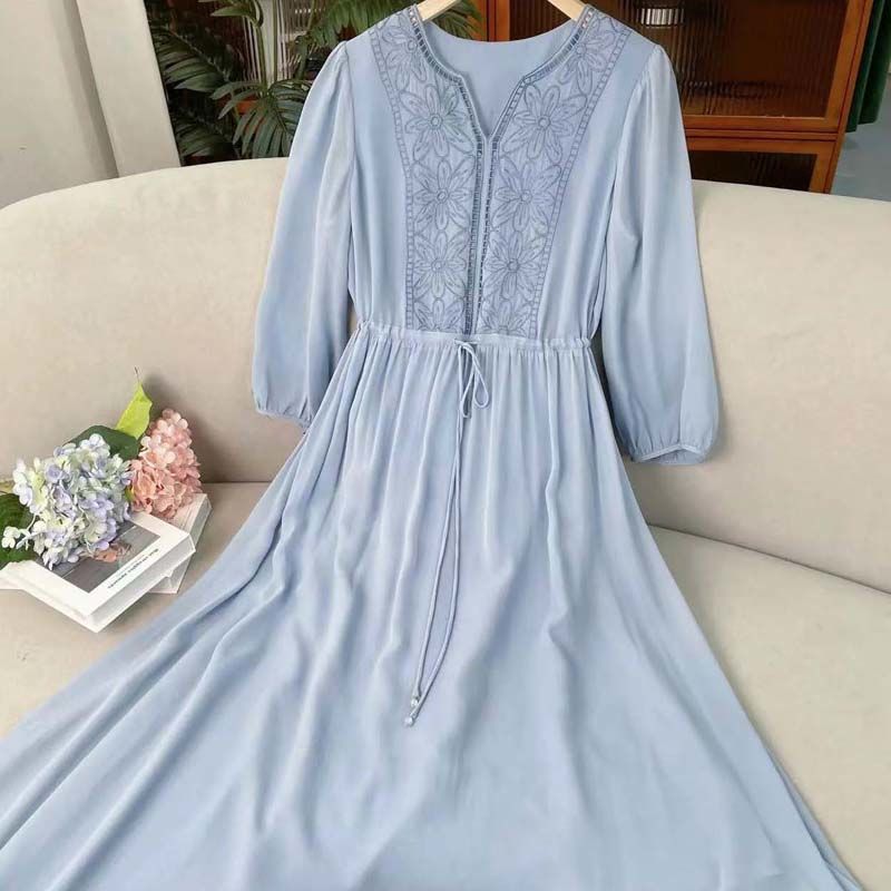 Vestido de gasa con cuello en V para mujer, traje con bordado, manga 3/4, Color sólido, informal, a la , primavera y otoño: S / Azul