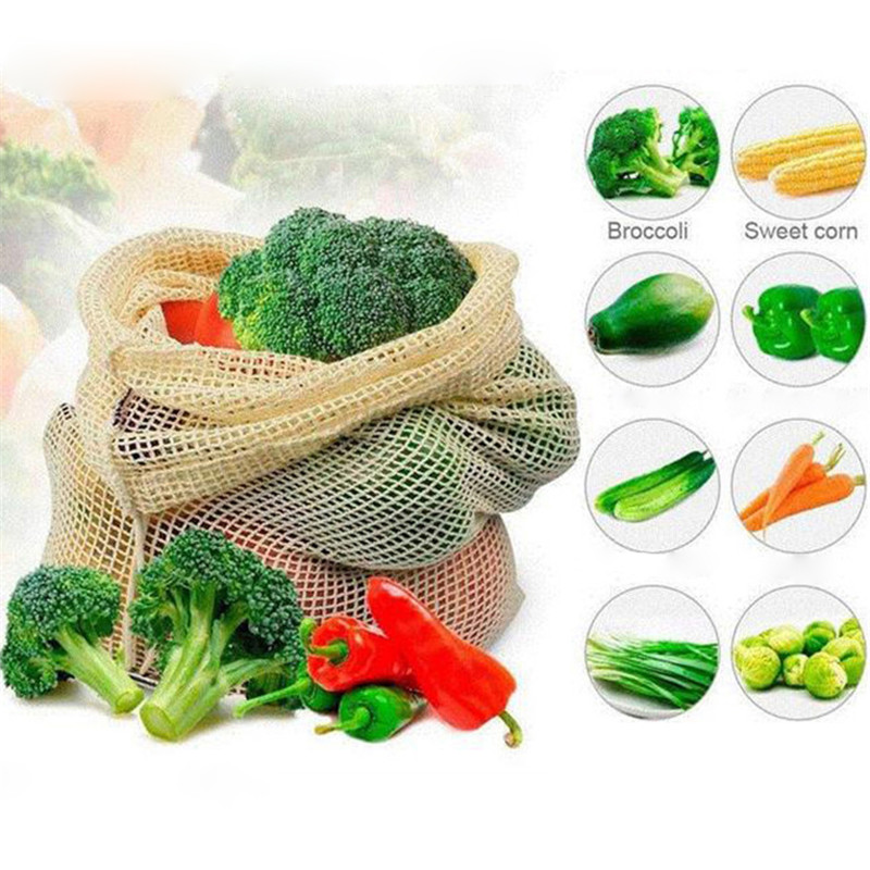 Reutilizável frutas vegetais sacos eco algodão amigável malha sacos ecologico produzir sacos de armazenamento organizador cozinha casa