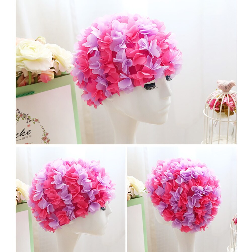Gorro de natación de flores para mujer, cómodo gorro de piscina transpirable, pétalos tridimensionales elásticos, diadema de pelo largo con forro grande