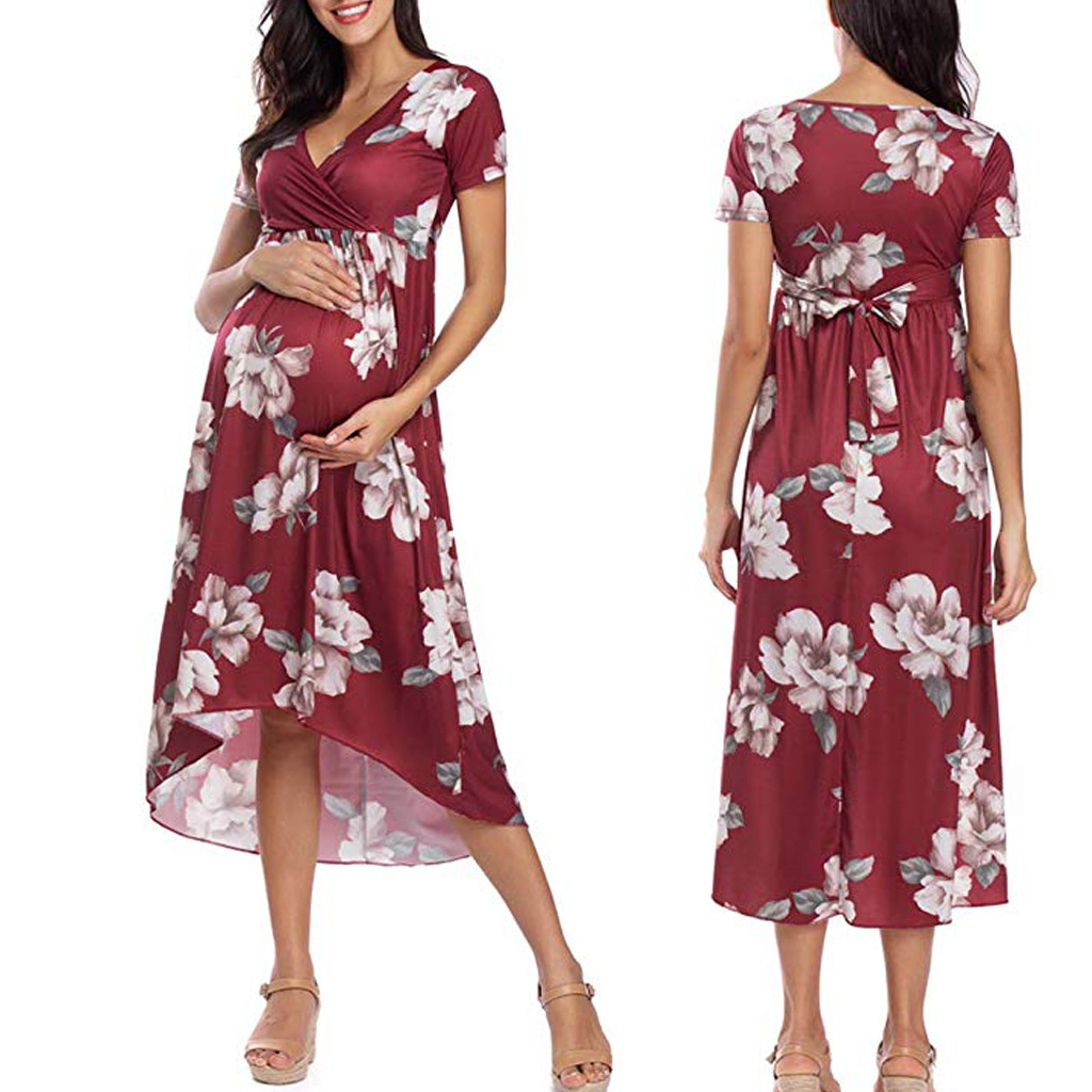 Vestido de talla grande para mujer embarazada, ropa de maternidad con cuello en V, manga corta, Cinturón estampado, 2022