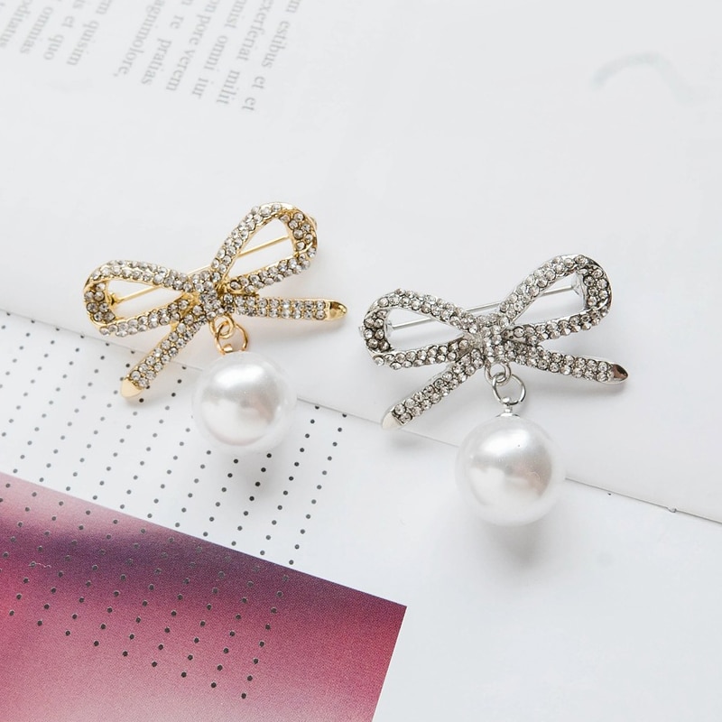 Simple Bow Brooches for Women Bowknot Brooch Pin Pearl Pendant Safety Lapel Pins Brooch Wedding Jewelry Accessories