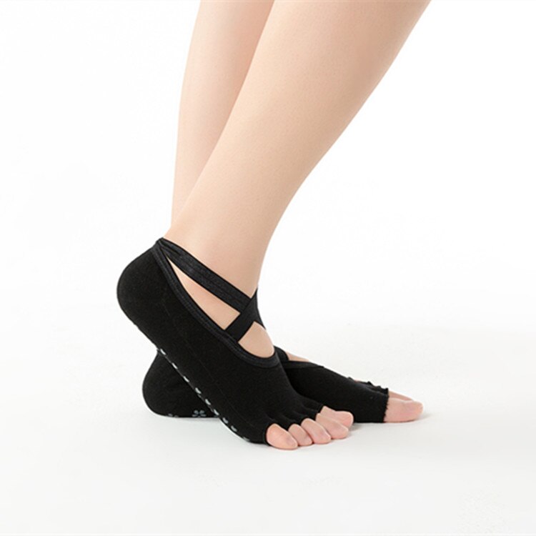 Vrouwen kruis yoga sokken dames antislip danssokken sport katoenen sokken sportschool fitness vijf tenen sokken kruis elastisch: Halve tenen zwart