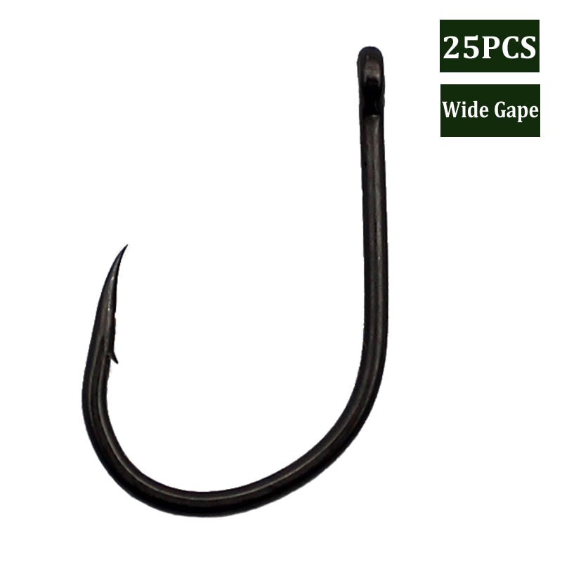 Anzuelos para pesca de carpa, aparejo para el pelo de carpa, anzuelos anchos con revestimiento de PTFE, ganchos de púas de acero al carbono, 25 uds.