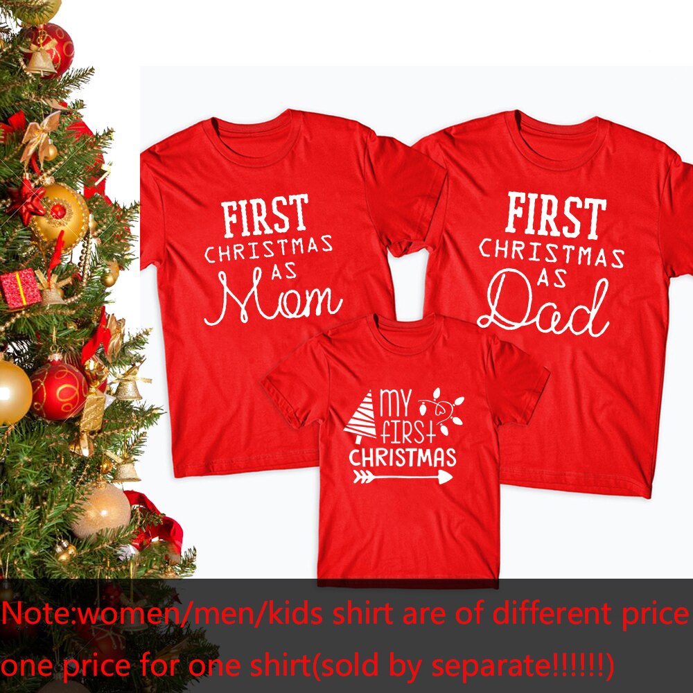 1 szt. Pierwsze święta jako mama tata koszulka zabawna rodzina pasująca świąteczna koszulka mama tata dziecko z krótkim rękawem czerwona koszulka ubrania
