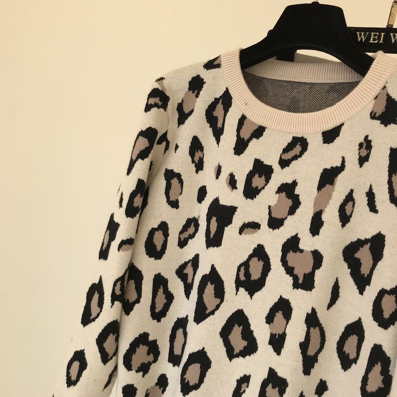Amolapha dam stickad leopard pullover tröjor+byxor set kvinna jumpers byxor 2 st kostymer outfit