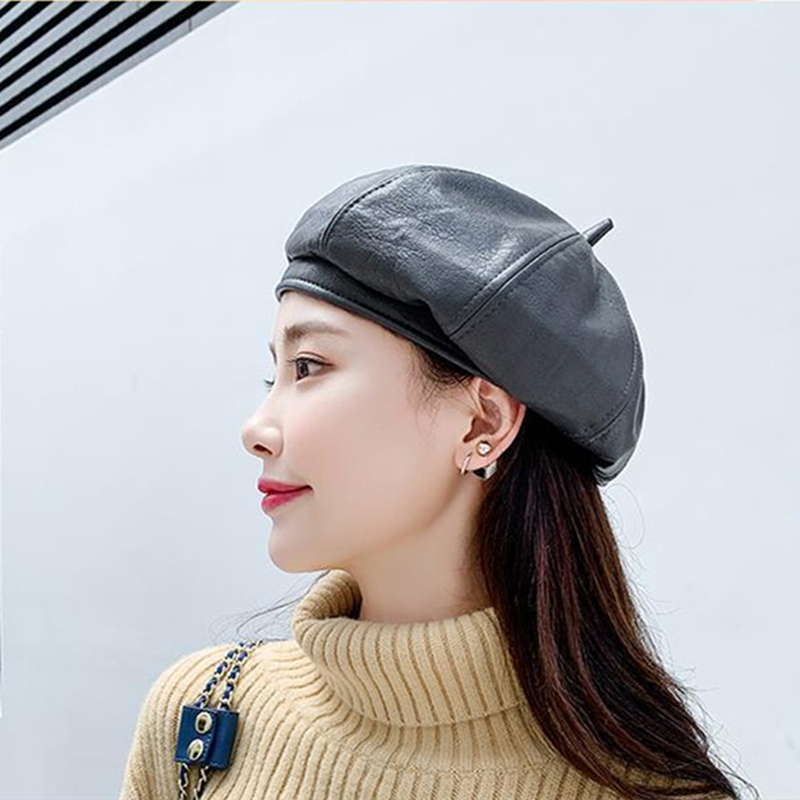Boina de cuero PU para mujeres, de señoras, gorras negras, azafata, boina roja amarilla, Otoño Invierno, sombreros de artista