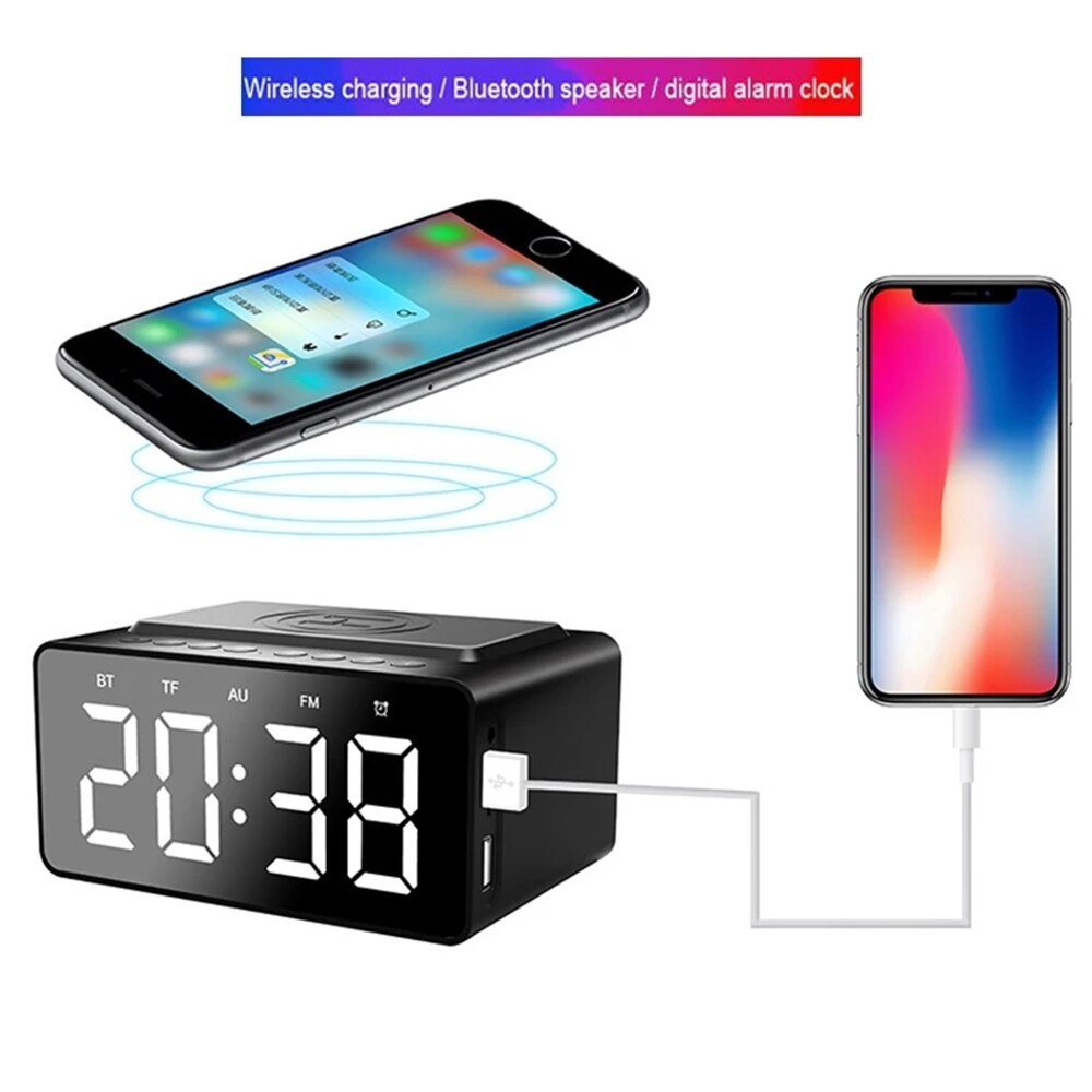 Alarm Clock Digital Bluetooth Speaker FM Radio With Clock With USB Charger &amp; Wireless QI Charging 3 Level Digital Desktop Clock