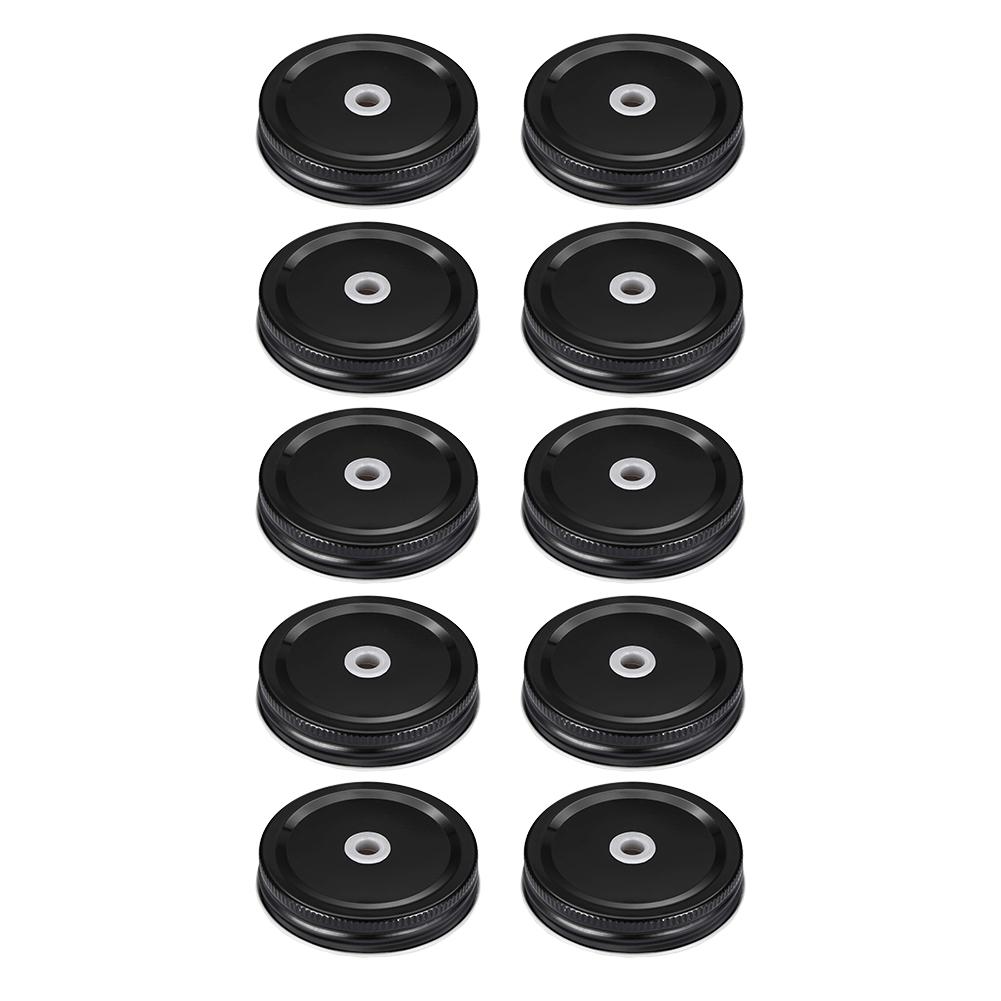 10pcs 70mm Stainless Steel Mason Jar Lids With Straw Holes Drinking Jar Lids Drink Bottle Caps For Birthday Party Wedding Favors: Black 10pcs