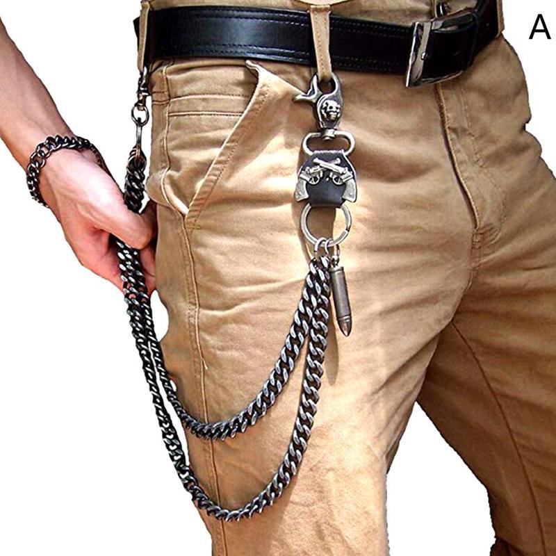 Chaîne de taille 2 lignes Punk Jean réglable Hip-hop métal hommes crâne accessoires chaîne tête métal pantalon chaîne Gadgets pour hommes: WHITE