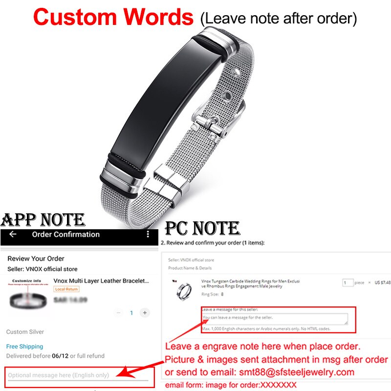 Vnox Heren Rvs Custom Graveren ID Tag Armbanden Lengte Verstelbare met Mesh Horloge Band Pols Sieraden: BS Custom