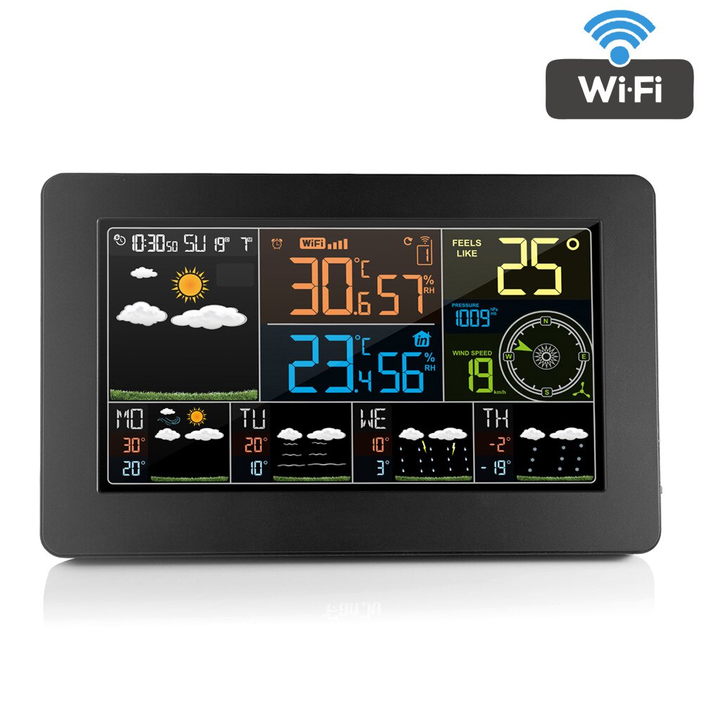 EU Plug Wifi Clock Digital Alarm Clock LCD Weather Station Temperature Humidity Pressure Wind Fouction