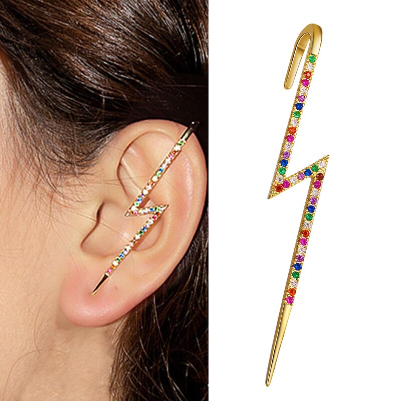 Vintage Rainbow Crystal Ear Climber Chain Link Earrings For Women Men Gold Stud Cuff Earrings Pearl Hook Earring Jewelry