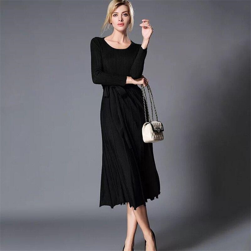 Women Autumn Spring Vintage Backless Bow Dress Long Sleeves Sliming Dress Women Pleated Tunic Vestidos Knitted Dresses: Black