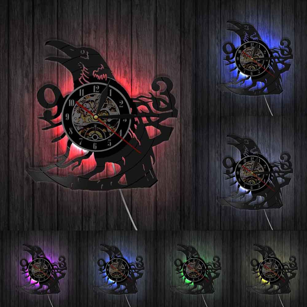 Sooty Raven Wall Clock Howling Art Decorative Modern 3D Quartz Watch Vinyl Music Record Timepiece LED Lighting Night Lamp: With LED