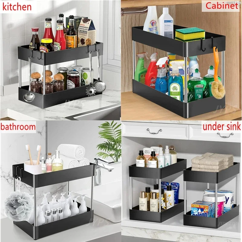 1/2 Stuks Onder Gootsteen Opslag Organizer 2 Tier Lade Multifunctionele Rek Kast Onder Gootsteen Opbergrek Badkamer Keuken Organizer