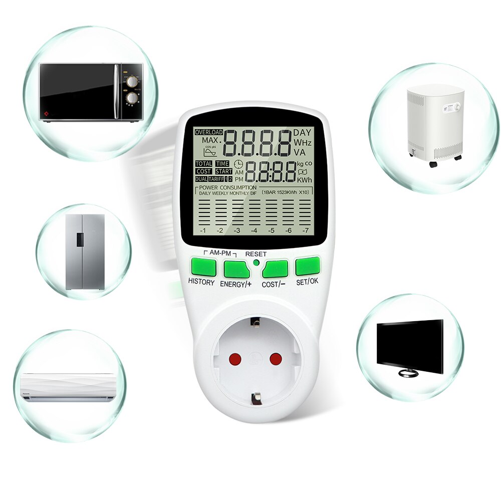 EU Plug Power Meter Digital Wattmeter Socket AC 220V Energy Meter LCD Disply Electricity Cost Diagram Measuring Socket Analyzer