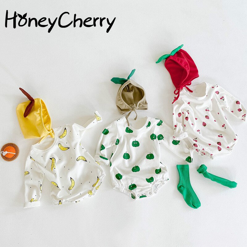 Herfst Baby Meisje Bodysuits Jongens En Meisjes Fruit Gedrukt Een Stuk Pak Bodysuit Kruipen Kleding Hoed Baby Meisje kleding