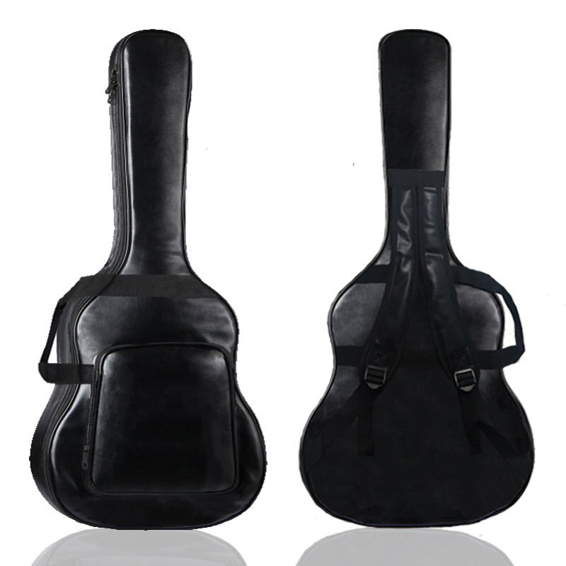 Pu læder guitar taske 40/41 tommer dobbelt skulder folkemusik instrument guitar retro enkel stil tykkere vandtæt metal lynlås taske: Sort