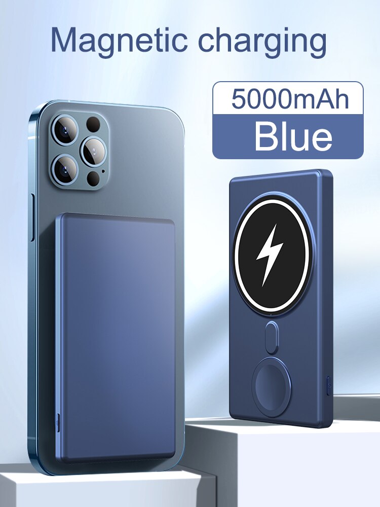 Powerbank Portable power bankWireless External battery Magnetic External battery fast charge Portable battery telephone portable: Blue-5000mAh