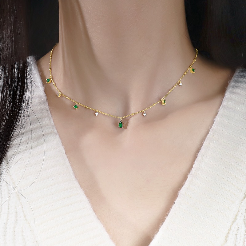 925 Sterling Silver Choker Necklace for Women Exquisite Green Zircon Clavicle Chain Necklace S-N742