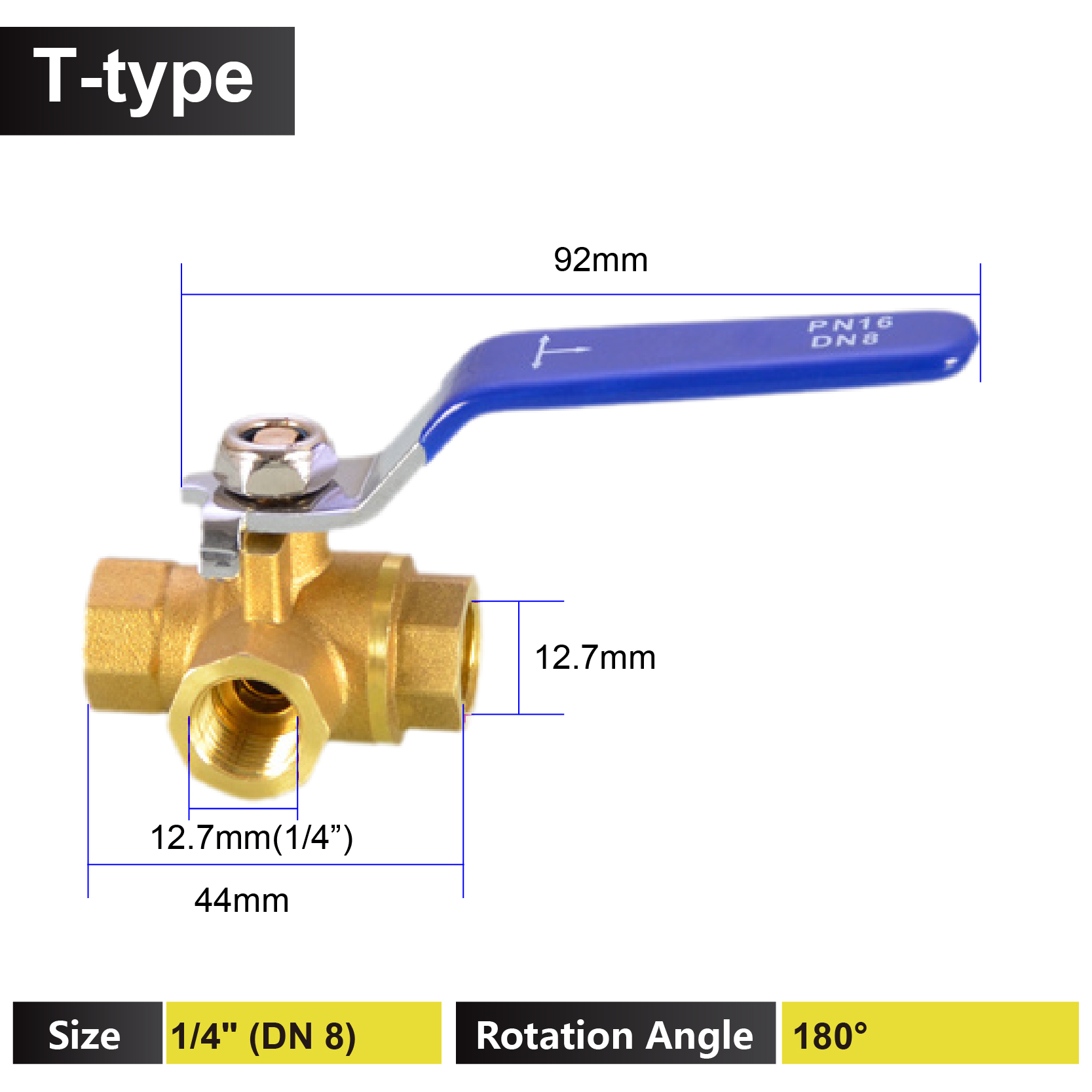 1/4 3/8 1/2 3/4 1 tomme messing 3- vejs ventil t-type l-type indvendig gevind kugleventil afspærring til vand, gas, hvac og vvs: Gennemsigtig