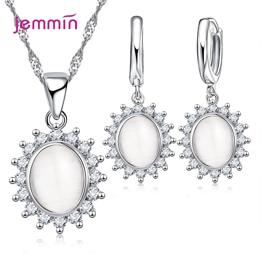 plata 925 conjunto de joyería Oval flor pendientes colgantes en Zircon Collar para mujer aniversario ornamento del cuello mujer: White