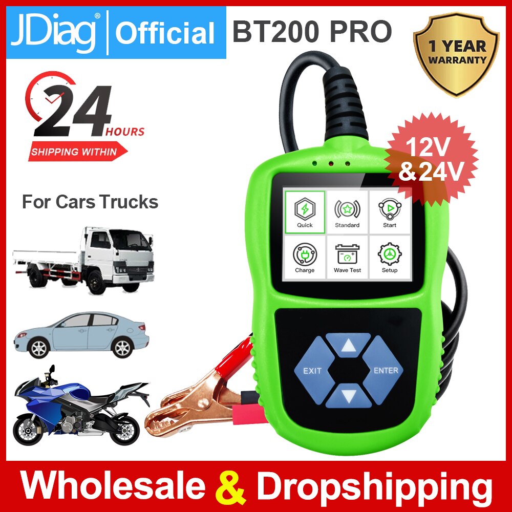 JDiag-probador de batería de motocicleta BT200 Pro PK KW650, Analizador de sistema de batería de 12V y 24V, herramientas de prueba de arranque de carga para coche