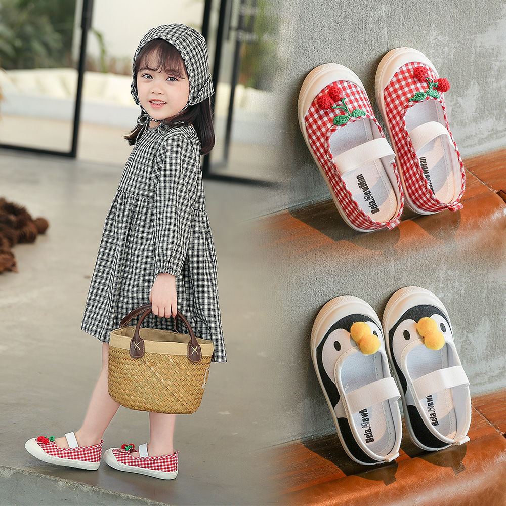 Kid Canvas Schoenen Cherry Meisjes Sneakers Baby Ademende Kinderen Katoen Casual Schoenen Pinguïn Cartoon Elastische Band Doek Schoenen